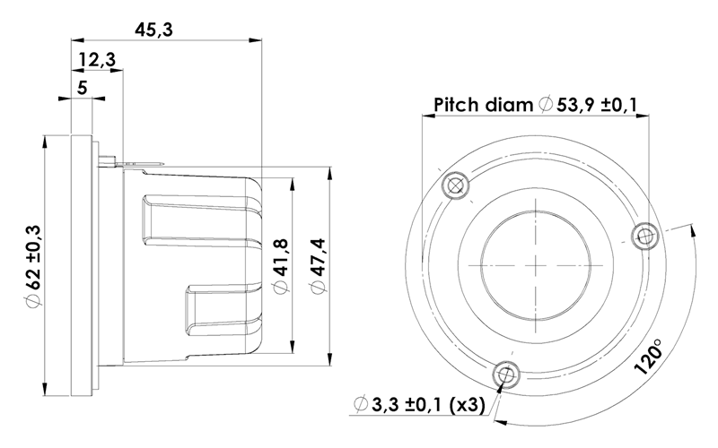 Scanspeak D3004/606200 Textreme dome tweeter engineering drawing